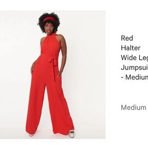 Red wide leg halter jumpsuit -  M